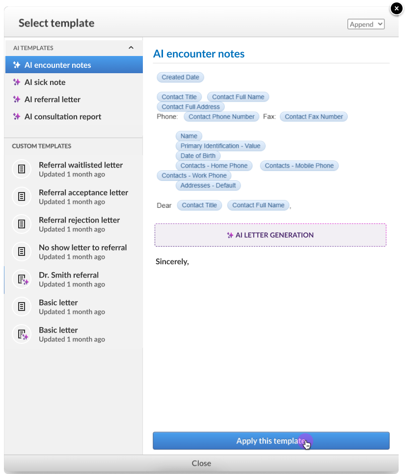 AI letter variable templates — template creation interface