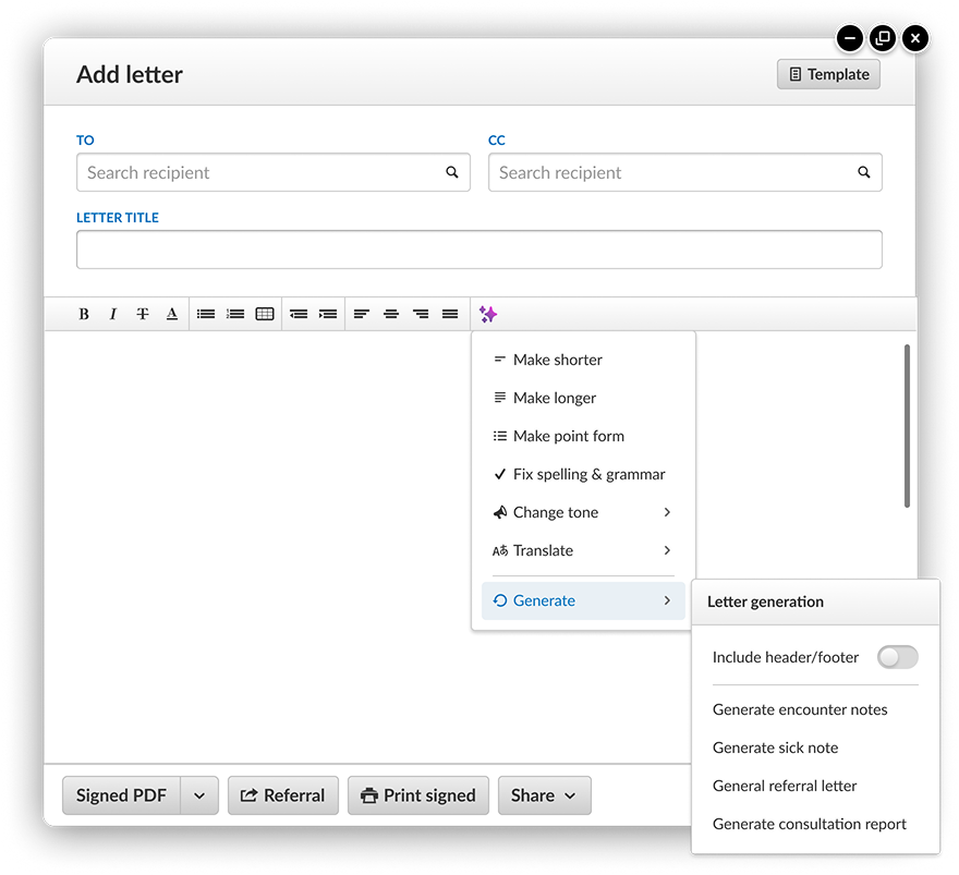 In-line AI writing tool — CHR encounter toolbar with AI menu open
