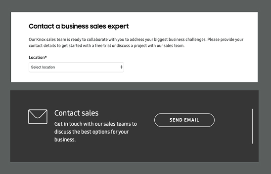 Contact form embedded on a Samsung Knox product page