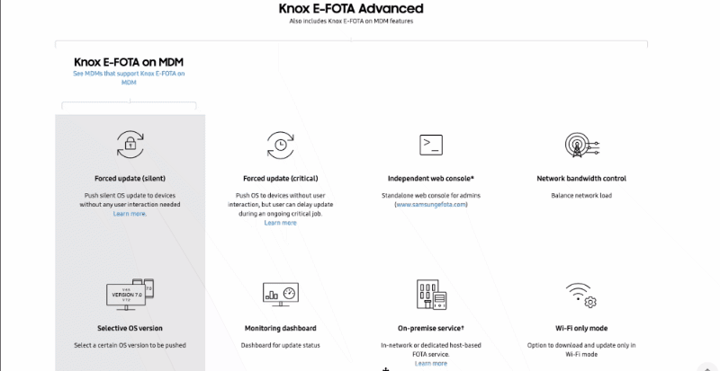 Responsive Samsung Knox feature comparison table on mobile