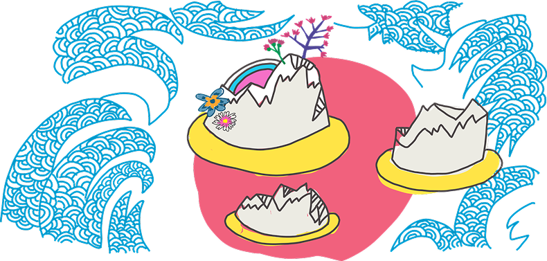 Illustration of mountain peaks surrounded by blue waves and flowers